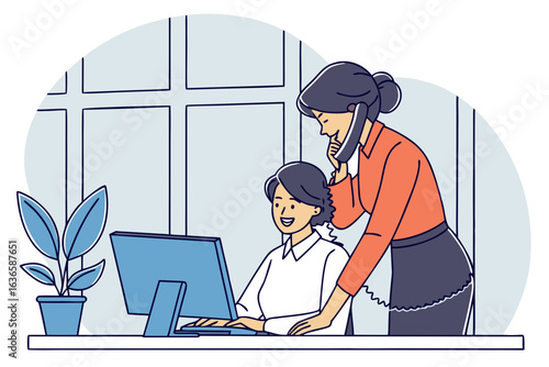 IDES staff assisting a person over the phone with unemployment questions in Illinois, modern flat illustration style