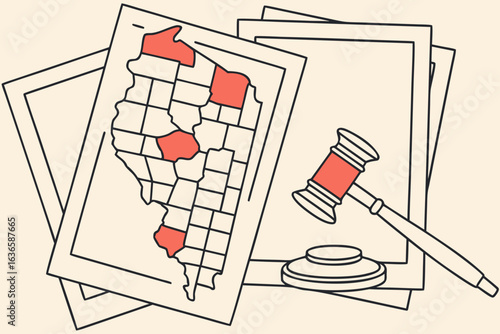Illinois map with highlighted counties opposing the assault weapons ban, surrounded by legal documents and judge'ss gavel