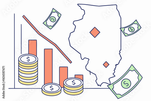 Illinois minimum wage chart illustration with coins and dollar bills, clean modern infographic style