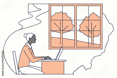 Job seeker attending a virtual interview from home in Illinois after losing a job, modern flat illustration style