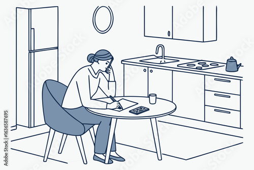 Laid-off worker sitting at a kitchen table calculating expenses and unemployment income, modern flat illustration style