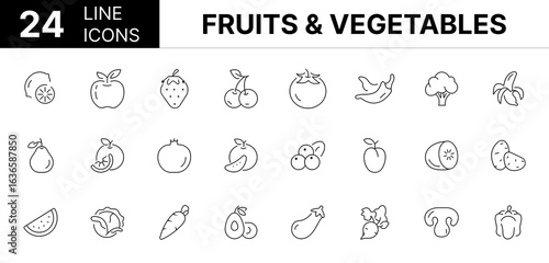 Collection of 24 Fruits & Vegetables line icons featuring editable strokes. These outline icons depict various modes of Fruits & Vegetables, Fruit, Vegetable, Icon, Vector, Tomato, Pomegranate, Pea,