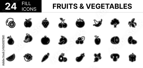 Collection of 24 Fruits & Vegetables fill icons featuring editable strokes. These outline icons depict various modes of Fruits & Vegetables, Fruit, Vegetable, Icon, Vector, Tomato, Pomegranate, Pea,