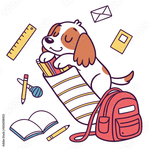 An adorable Cocker spaniel dog with a Sleepy vibe, snuggled in a sock, and a Chalkboard Fun Back to school theme – SVG style