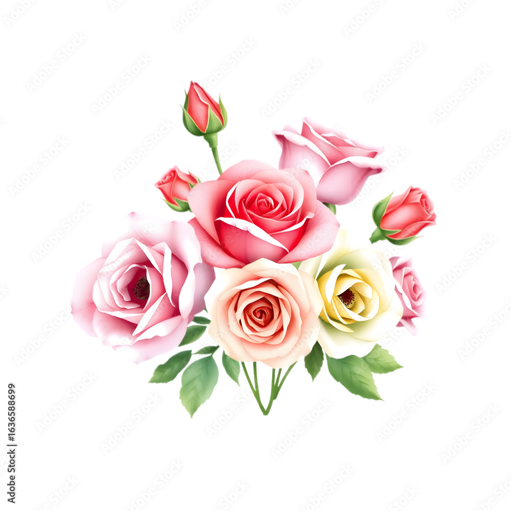 Fototapeta premium Beautiful bouquet of pink and cream roses with green leaves delicate floral arrangement isolated on transparent background