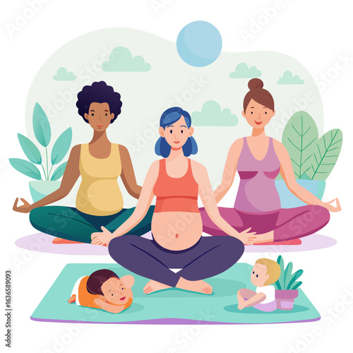 Diverse pregnant women practicing yoga together with children nearby