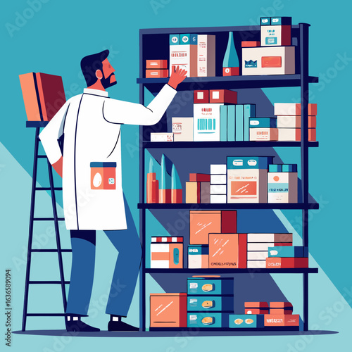 Scientist organizing shelves in a laboratory or pharmacy storage room