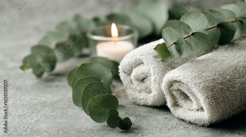 A serene arrangement of rolled white towels with eucalyptus leaves, a lit candle casting warm glow,