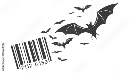 A swarm of dark bats flies away from a barcode symbolizing freedom from consumerism or a mysterious escape