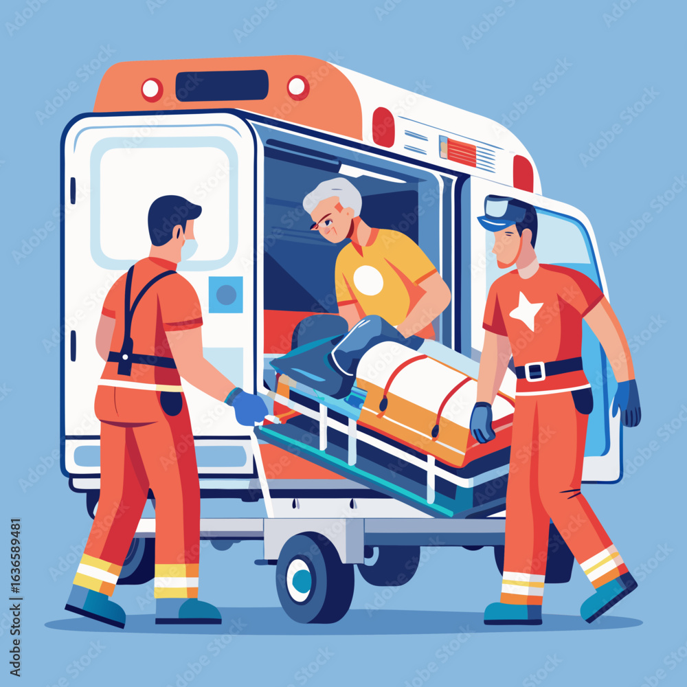 Fototapeta premium Paramedics loading an elderly patient onto a stretcher into an ambulance