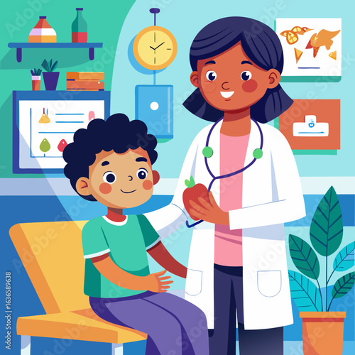 Friendly doctor examines a young boy in a medical office