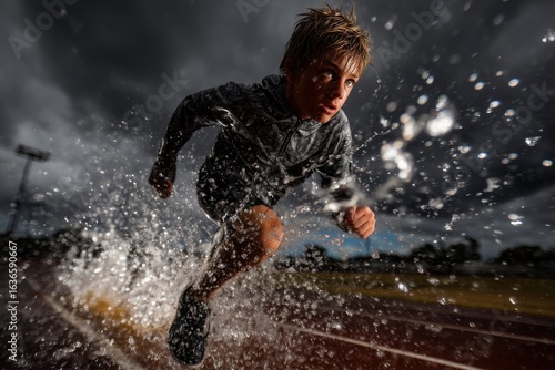Young boy running on wet track with water splashing, demonstrating power and determination in sport