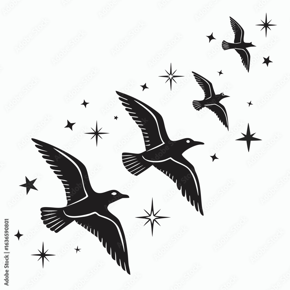 Fototapeta premium Flying birds silhouette vector illustration in the sky symbolizing freedom and nature