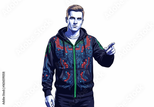 Serious young man in a stylish hoodie pointing his finger forward against a white background with copy space.