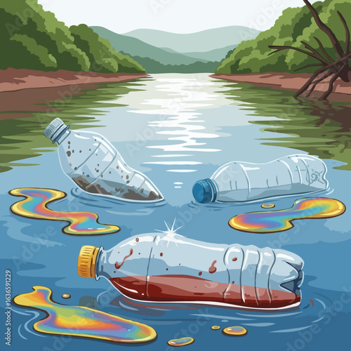 Realistic illustration of plastic bottle pollution with an oily sheen floating in a river, highlighting environmental damage.