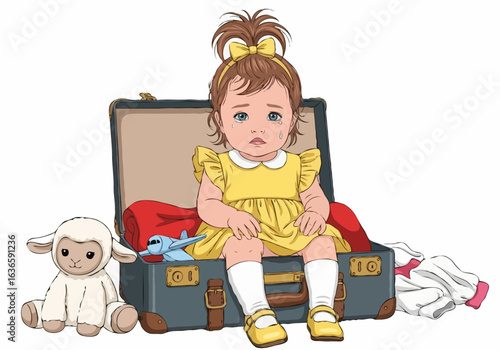Cute toddler girl in a yellow dress sitting curiously in a suitcase representing travel with children on a white background with copy space.