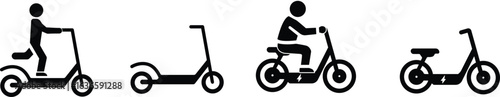 Electric bike Icon Set – Minimalist Black and White Vector Illustrations of Scooters and electric bike with rider