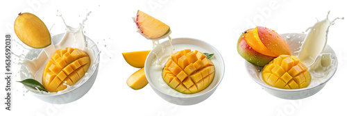 Set of Ripe mango cut out with in milk isolated on a transparent background