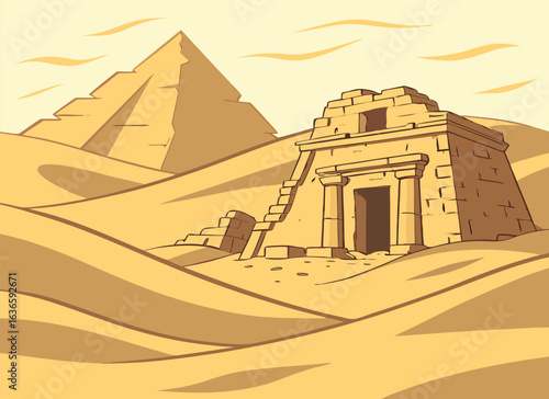 Ancient Ruins Emerging from Golden Sands – Vector Illustration
