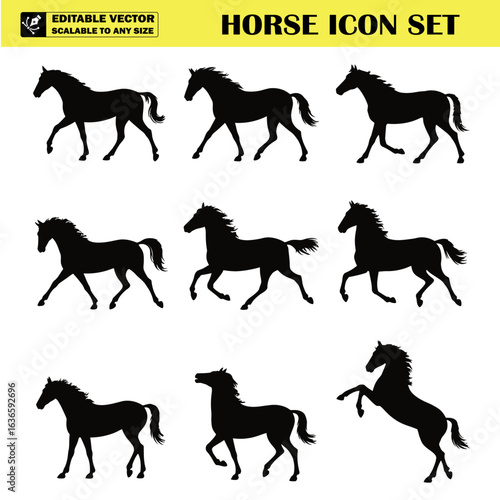 Silhouette illustrations of horses in various dynamic poses for design inspiration and artwork