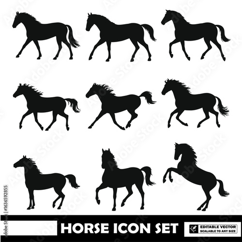 Silhouette illustrations of various horses in different dynamic poses and movements for creative use