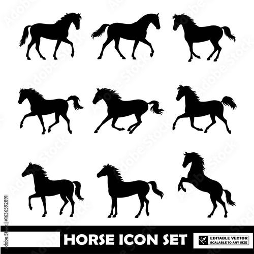 Silhouette illustrations of various horses in different dynamic poses and movements for creative use