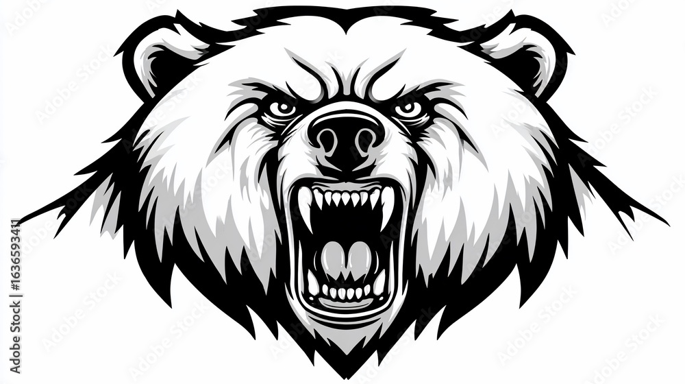 Fototapeta premium Aggressive Bear Head Roaring with Fangs Displayed