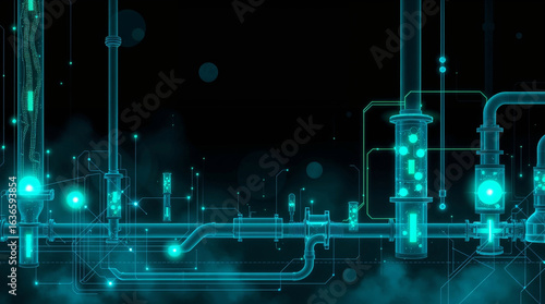 Abstract Futuristic Digital Illustration of Advanced Fuel Production Technology with Glowing Energy Streams