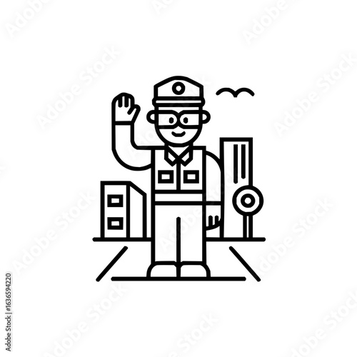 Illustration of traffic warden waving hand in city with buildings and bird line art vector design 100