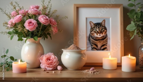 Heartfelt memorial honors beloved deceased striped cat with framed photograph, ceramic urn containing ashes, pink roses. Lit candles, green leaves surround tribute, creating solemn atmosphere of