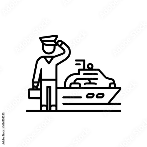 Captain sailing cruise ship vector icon for maritime travel and nautical voyage adventure line art design