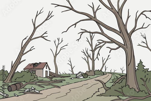 destructive aftermath of an illinois tornado with uprooted trees and debris scattered across a rural road