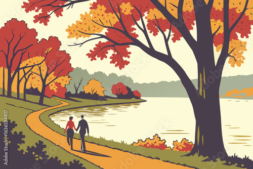 couples walking along a lakeside path in crystal lake illinois, enjoying the fall foliage and reflections