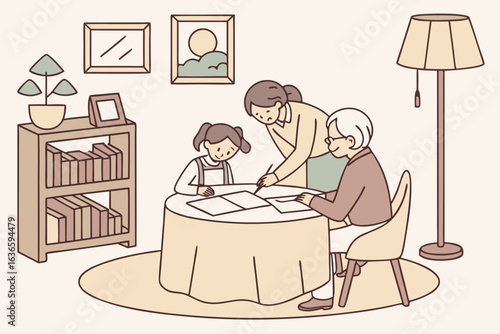 elderly couple sitting at a dining table filling out an illinois unclaimed property form with help from their granddaughter