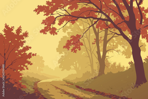 fall morning in Illinois with dense fog covering a rural road, colorful leaves barely visible through the mist