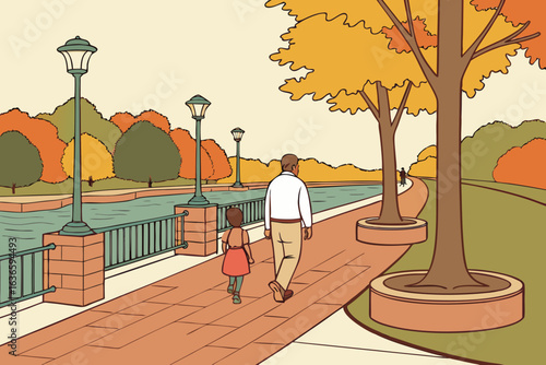 family walking along the scenic Riverwalk in Naperville Illinois with brick paths, fountains, and autumn trees