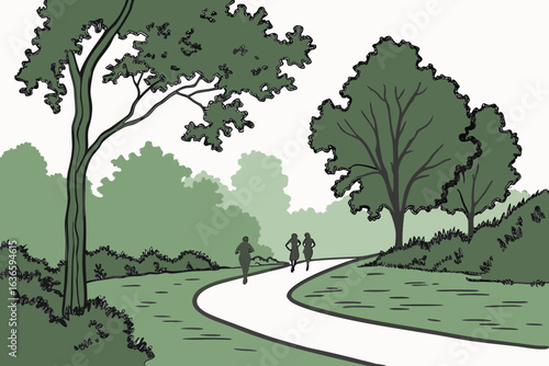 bike path winding through a forest preserve in schaumburg illinois with morning joggers and cyclists passing by