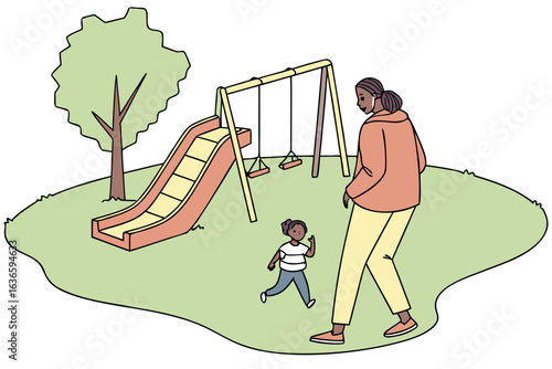 child playing in Illinois park while parent watches nearby, thinking about Illinois child support responsibilities