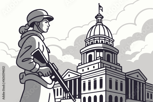 armed protester standing in front of Illinois State Capitol building during assault weapons ban demonstration, cloudy sky and tense atmosphere