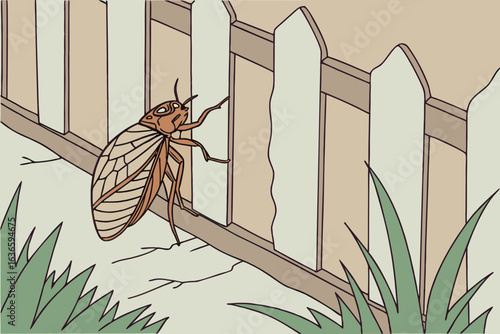 close-up of a cicada emerging from its shell on a backyard fence in illinois during a humid evening