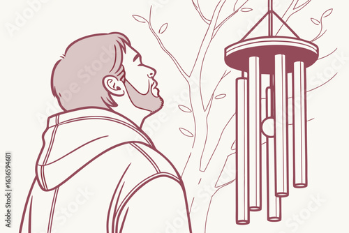 close-up of a man admiring the giant wind chime in Casey Illinois, soft breeze creating motion blur
