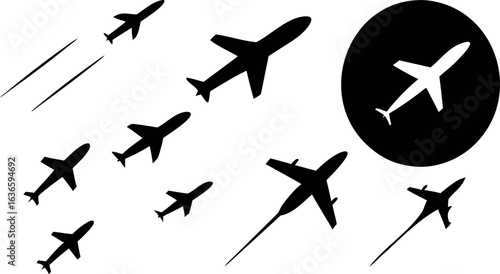 Silhouettes of airplanes flying in formation and individually