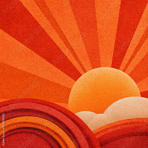 illustration of Sunrise over hills with radiant rays, retro style made with generative AI