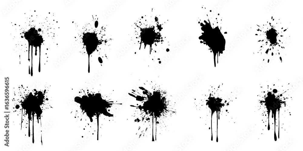 Black ink splashes. Grunge splatters. Abstract background. Grunge text banners. Vector collection.