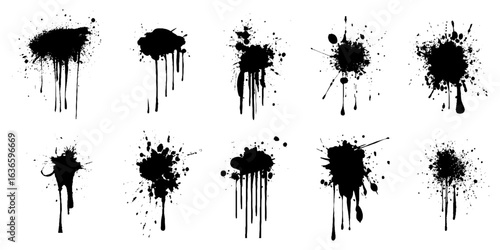 Black ink splatter, splash vector art. Perfect for design, grunge, and abstract projects, Artistic ink stain, messy spray, drip, brush stroke element for design