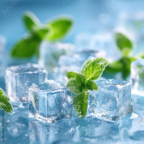 Fresh mint leaves on ice cubes