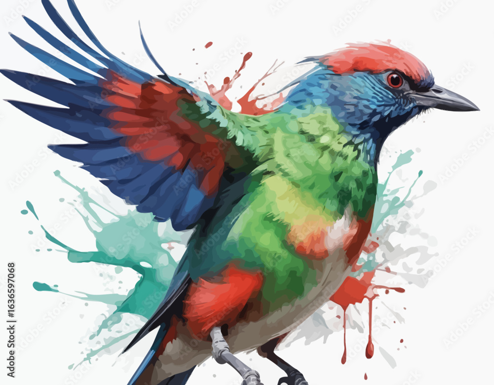 Fototapeta premium The artwork has a watercolor or paint-splatter style, with splotches of green paint around the lower part of the bird. The parrot's body is primarily green, with a red neck and chest, and a bright re