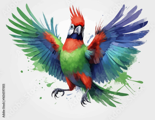  The artwork has a watercolor or paint-splatter style, with splotches of green paint around the lower part of the bird. The parrot's body is primarily green, with a red neck and chest, and a bright re