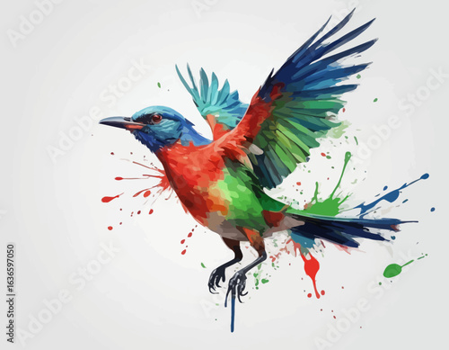  The artwork has a watercolor or paint-splatter style, with splotches of green paint around the lower part of the bird. The parrot's body is primarily green, with a red neck and chest, and a bright re