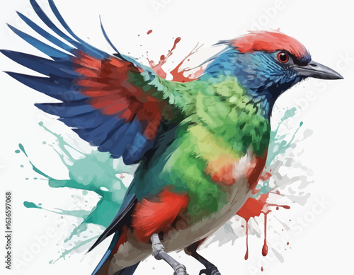  The artwork has a watercolor or paint-splatter style, with splotches of green paint around the lower part of the bird. The parrot's body is primarily green, with a red neck and chest, and a bright re